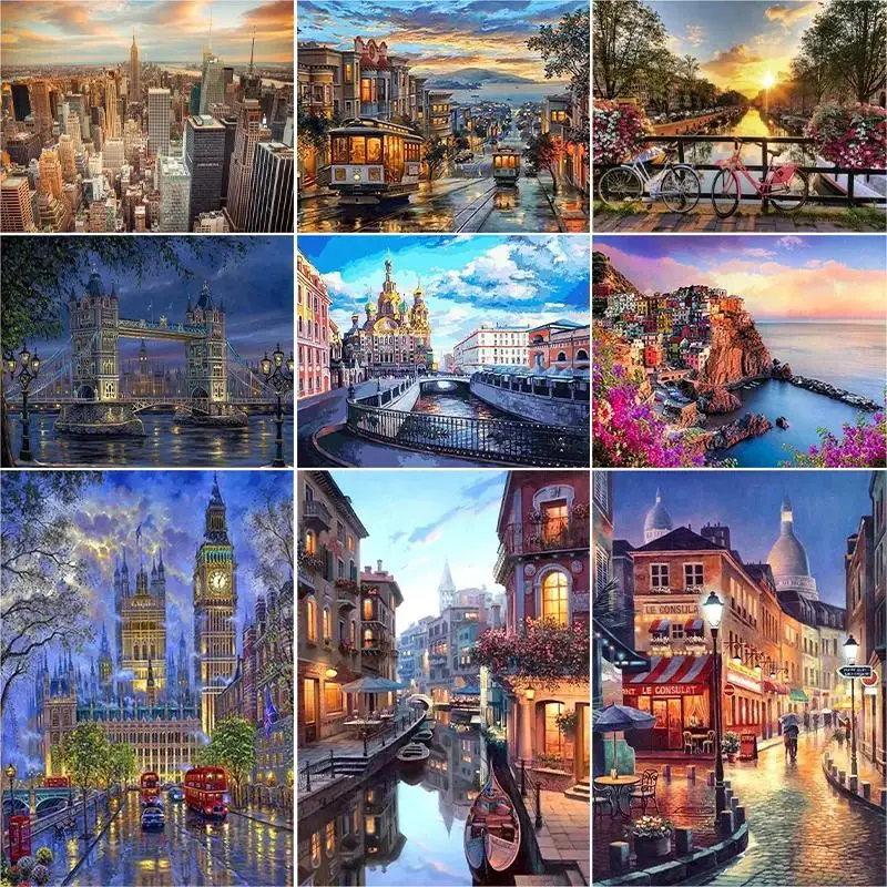 

City Landscape Painting By Numbers For Adults DIY Kit HandPainted On Canvas Acrylic Paint Oil Picture Drawing Coloring By Number