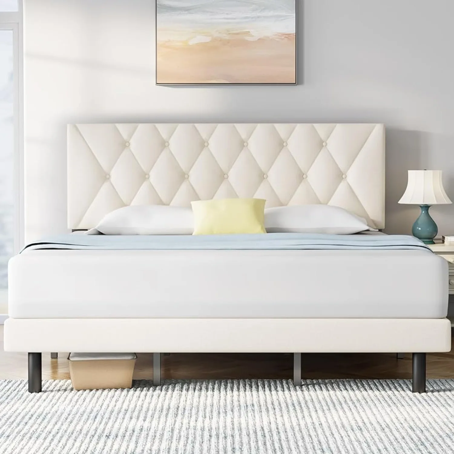 

Molblly Queen Strong Bed Frame with Adjustable Headboard Linen Fabric Wrap Wooden Slats Support Non-Slip Noise-Free EasyAssembly