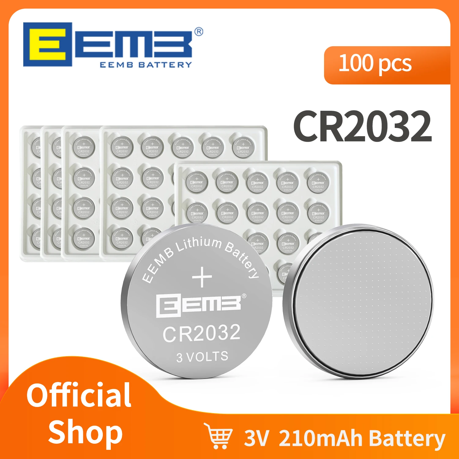 EEMB 100PCS CR2032 Batterie 3V 210mAh Taste Batterie Nicht