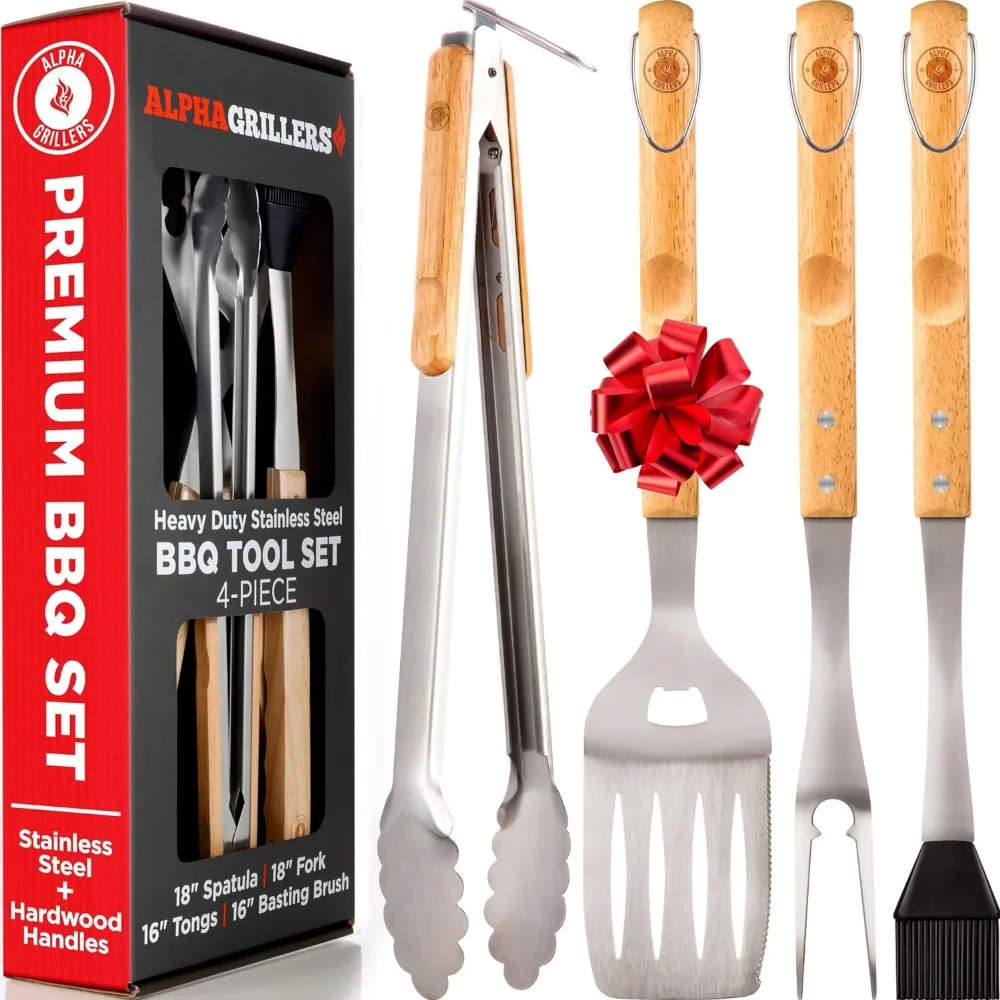 

Alpha Grillers Grill Set Heavy Duty BBQ Accessories - BBQ Gifts Tool Set 4pc Grill Accessories with Spatula, Fork, Brush & BBQ T
