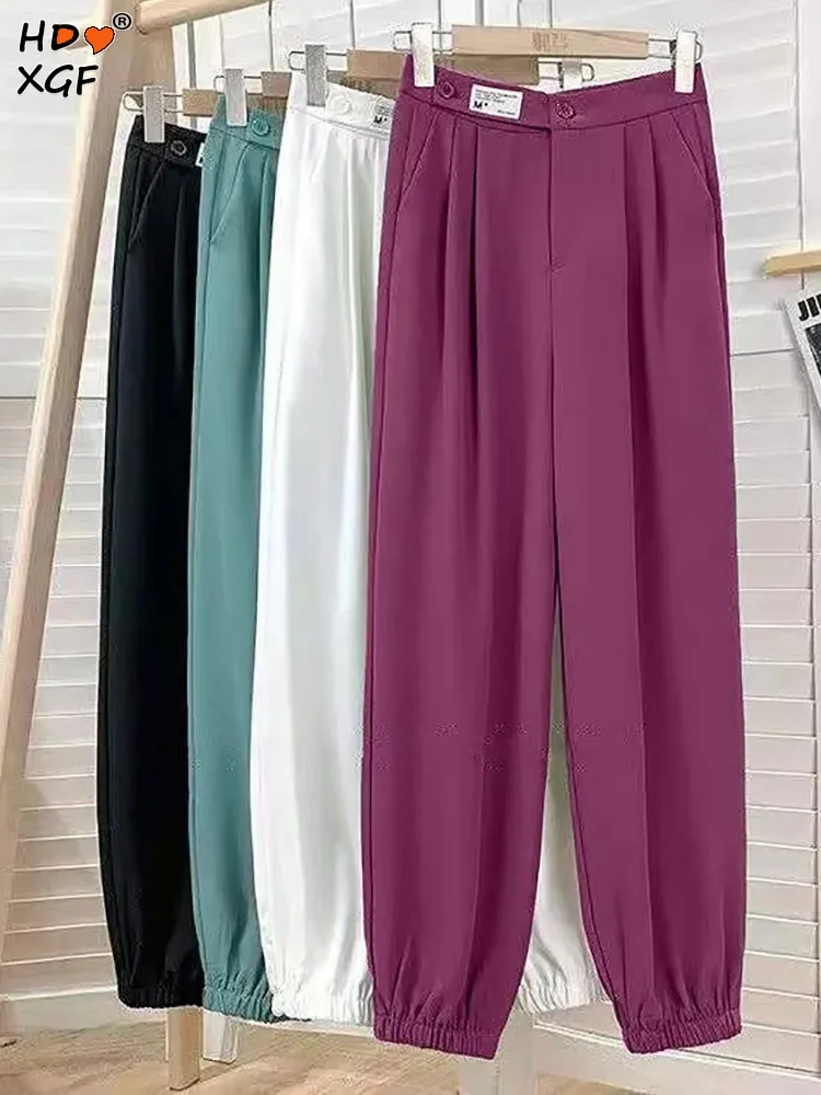 

Simple Solid Color Thin Loose Pants For Women Spring Summer New Pleated High Waist Button Trousers Elegant Temperament Long Pant
