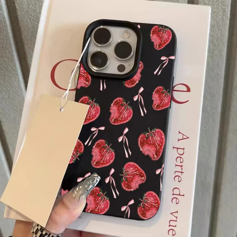 Sweet Pink Bow Strawberry Pattern Shockproof Soft Phone Case