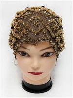 2025 Fashion Head Cover Mesh Fabric Hand Embroidered Hanging Beaded String Acrylic Hat Dubai New Muslim Arabic Worship Hat