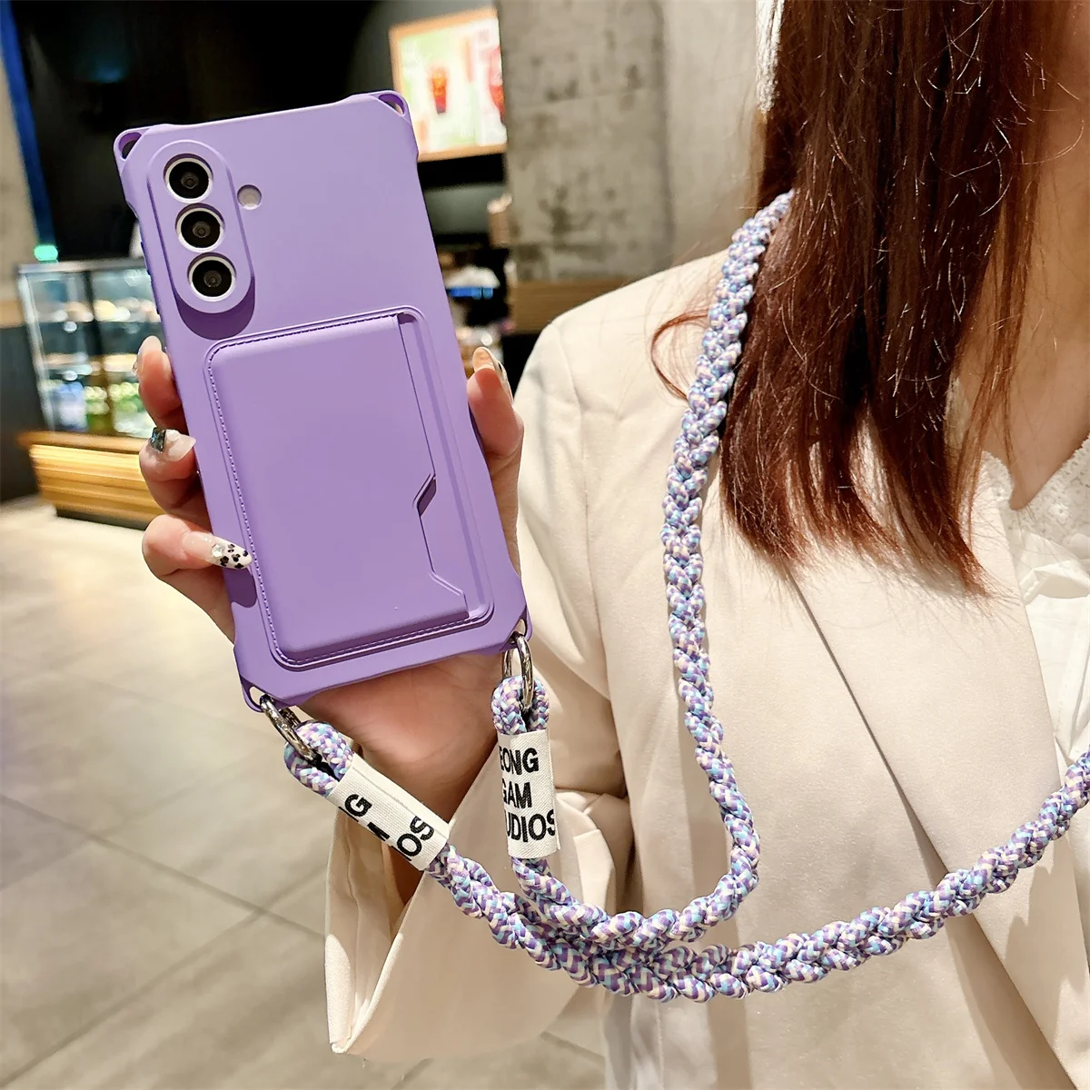 Braided Crossbody Lanyard Strap Phone Case with Wallet Card Holder and Silicone Cover