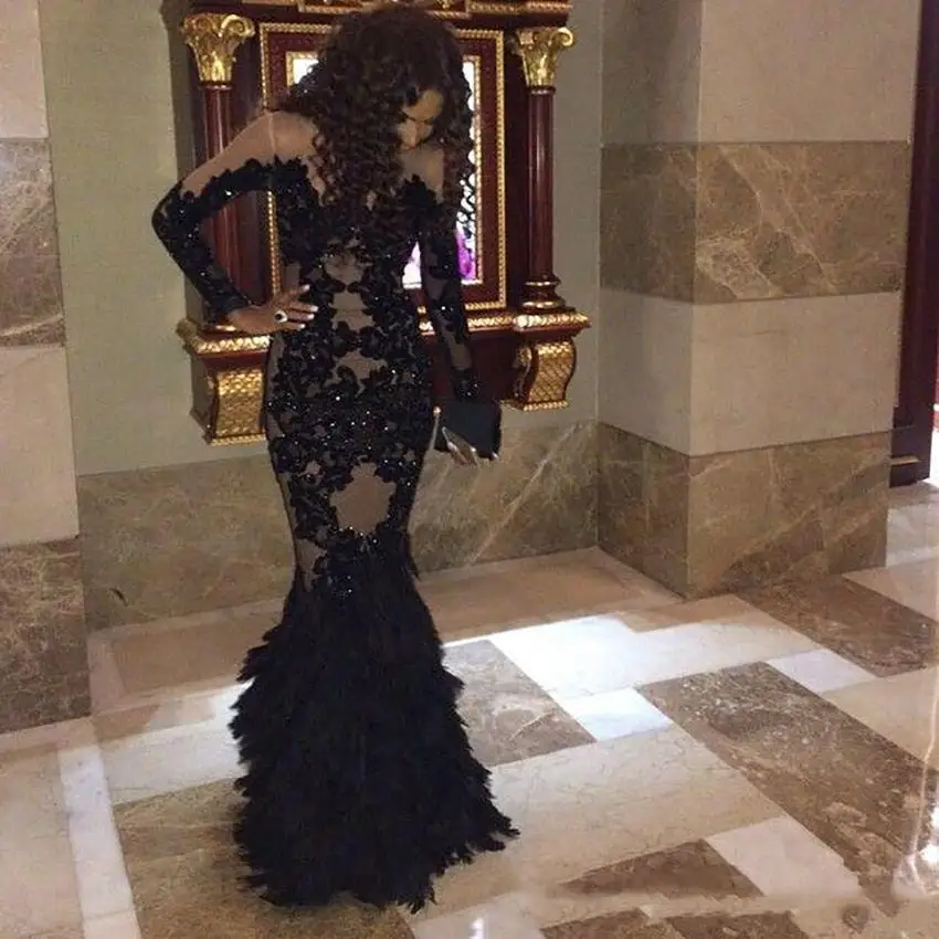 Luxury Black Feather Prom Dresses With Long Sleeves Sheer Champange Arabic Evening Gowns Real Tulle Mermaid Formal Dresses Gowns hot pink prom dress