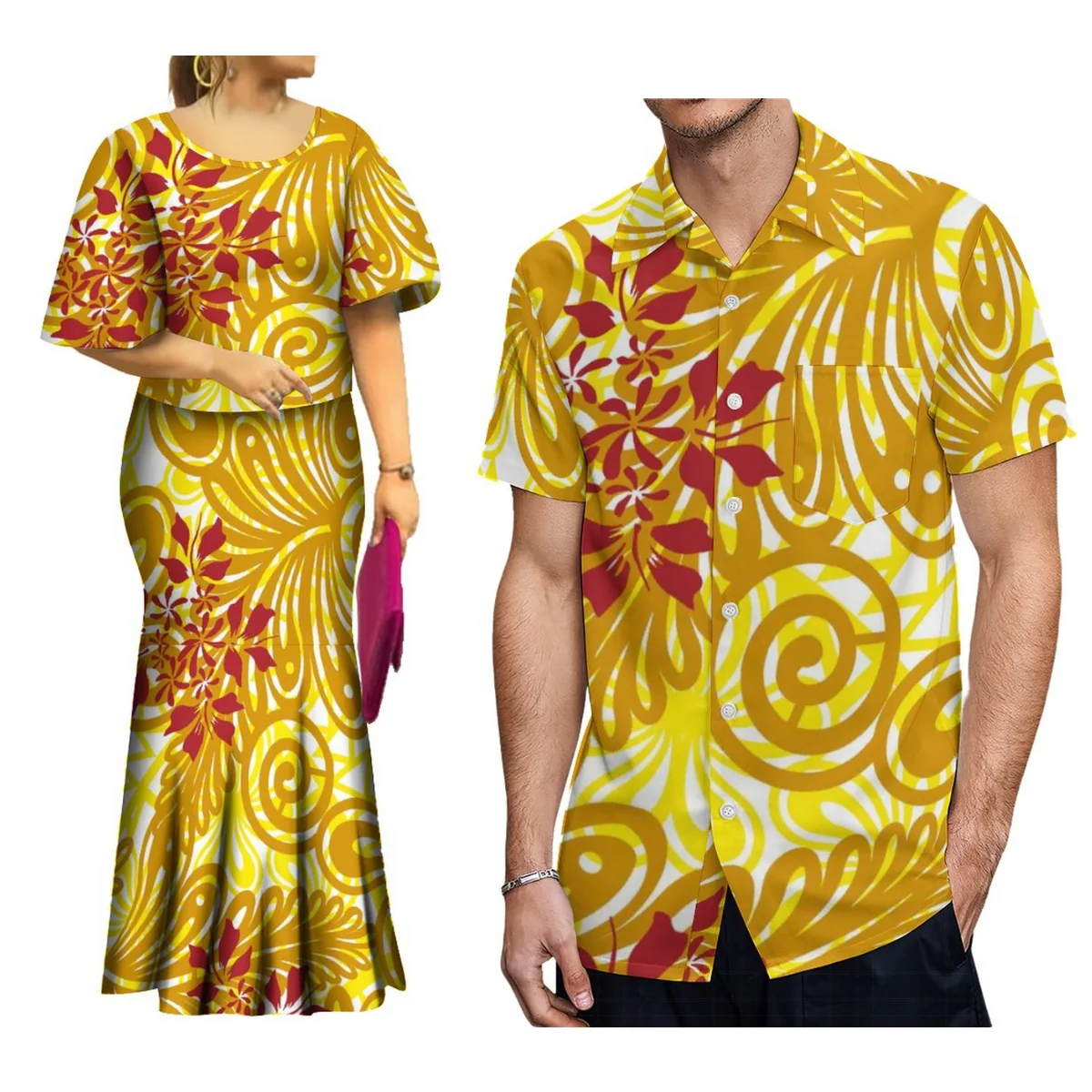 

Женское платье из двух частей, платье в полинезийском стиле с расклешенными рукавами и рубашкой для мужчин, костюм для пары