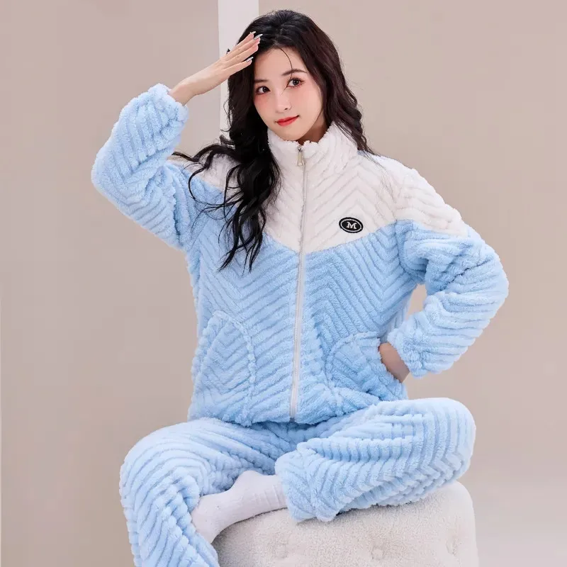 

Autumn Winter New Warm Flannel Women's Pajamas Set Long-sleeved Trousers Thick Coral Velvet Pajamas Homewear