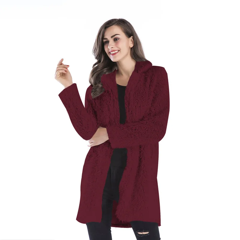  Autumn and Winter New Fashion Women's Pure Color Woolen Coat Women's Lapel Loose Dark Button Plush Mid-length Woolen Coat