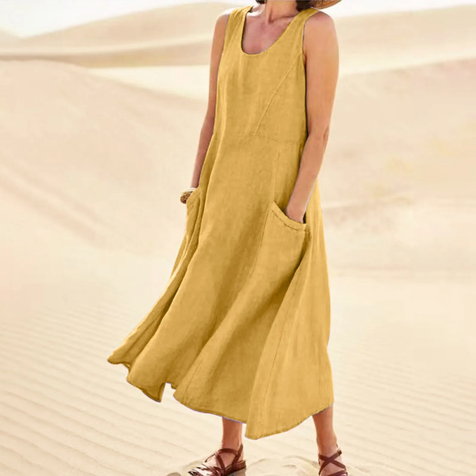

Pocket Beach Women Dress Solid Color Round Neck Casual Long Dress Daily Tank Dress Women's Midi Dress Holiday Party Ball Gown