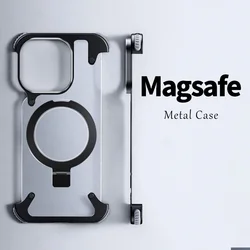 Magnetic Metal Stand Rimless Phone Case For iPhone 13 14 15 Pro Max 15 Plus Aluminum Lens Phone Shell Frosted Matte Back Cover