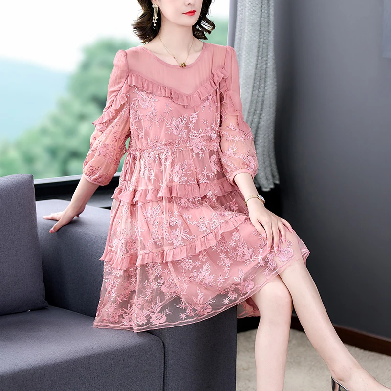 

2023 Summer High Street Mesh Flroal Embroidery Long Dress Women Casual Vintage Beach Midi Dresses Elegant Bodycon Party Vestidos