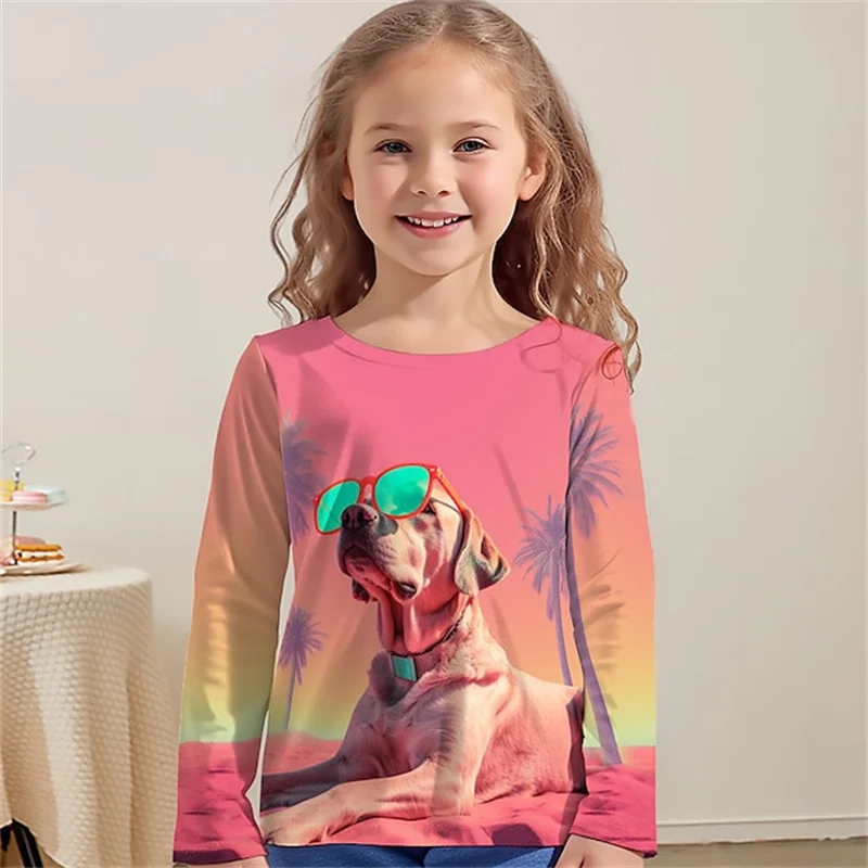 

Girls' new long sleeved pink beach puppy print T-shirt 4-12 year old girls' trendy top korean outdoor casual children's clothing