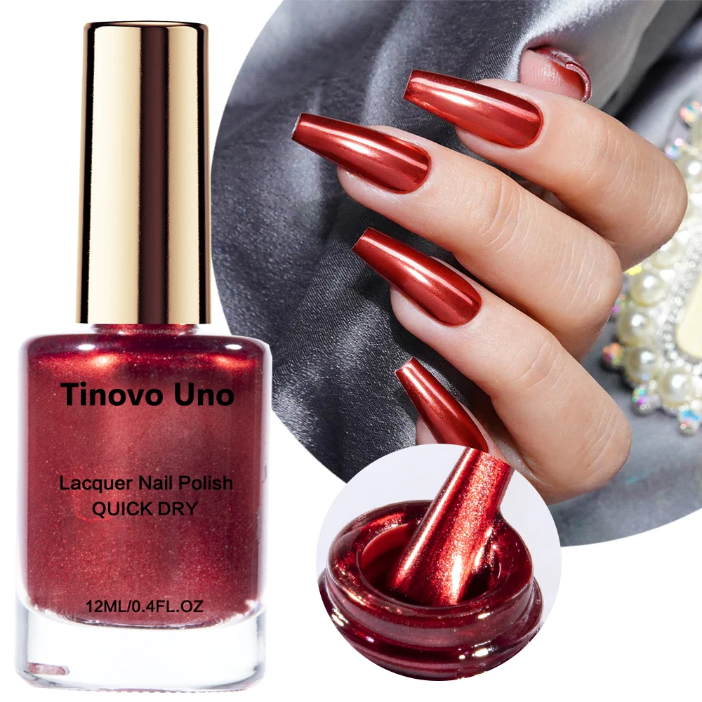 Tinovo Uno Metallic Nail Polish Mirror Red Regular Normal Nail Lacquer QuicK Dry Shimmer Manicure Growth Bright Oil Top Finish nail polish