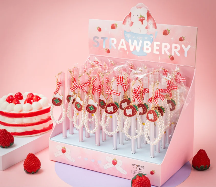 

30 pcs/lot Kawaii Strawberry Bear Pendant Gel Pen For Writing Cute 0.5mm Black Ink Pen Stationery Office School Supplies