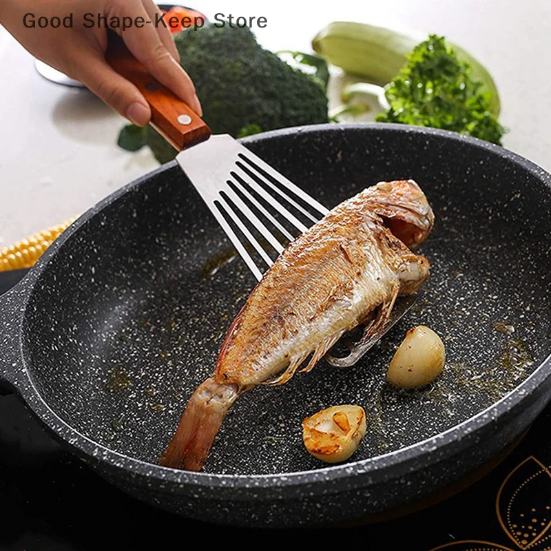 1PC Stainless Steel Cooking spatula Fish Frying Shovel With Wooden Handle Fan-shaped Shovel Household High-temperature Shovel 5