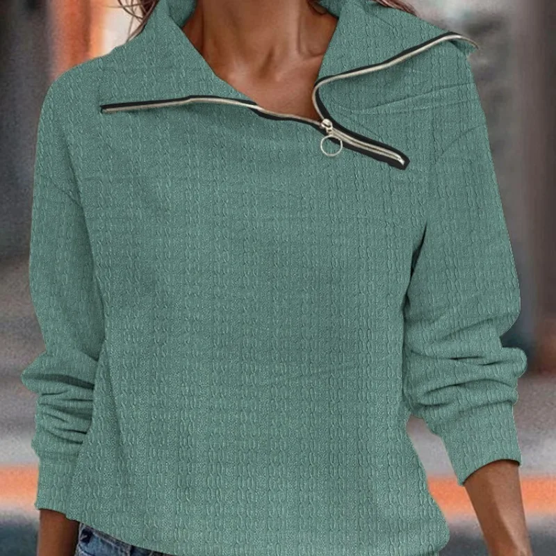 Spring and Autumn Women's Pullover Oblique Neck Zipper Solid Long Sleeve T-shirt Sports Hoodies Fashion Casual Office Lady Tops
