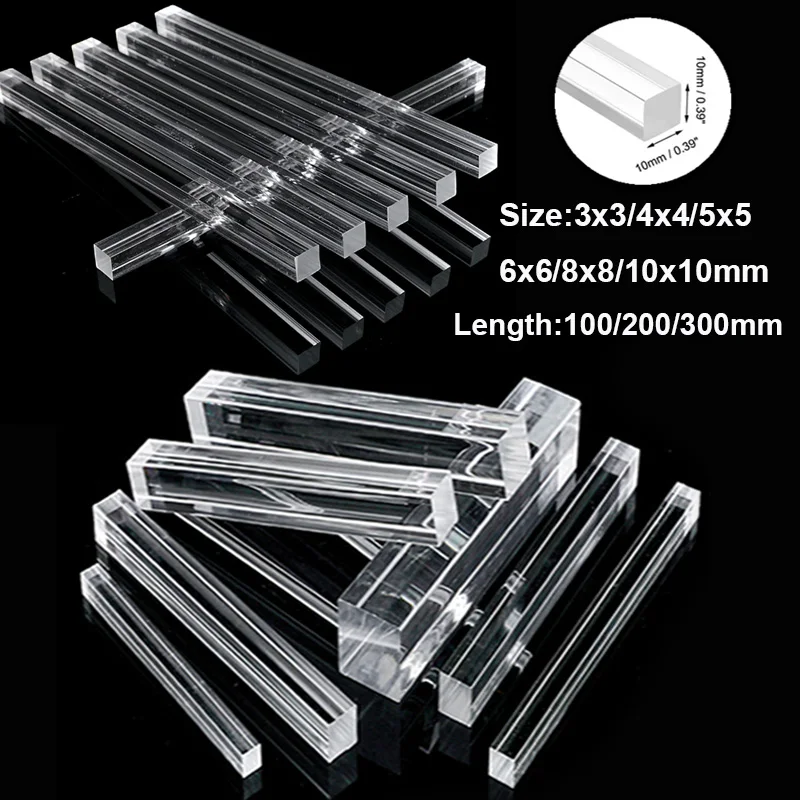 10er-Pack Transparenter PMMA-Acrylstab – 2x2 Mm, 300 Mm Lang, Für Bau, Beleuchtung Und Display