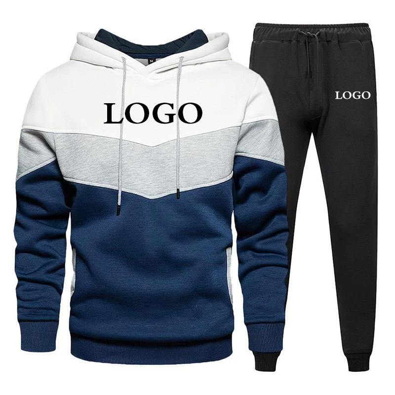 Men's Custom Logo Hoodies Patchwork Hoodie Outdoor Sportswear Street Fashion Men's Pocket Hooded Sweatshirt Fall Winter Set
