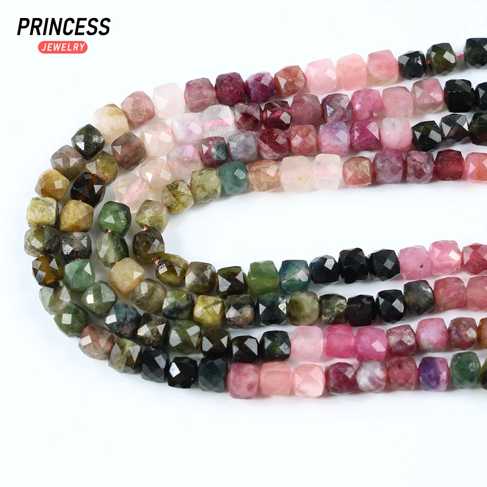 A++ Natural 4mm Colorful Tourmaline Cube Faceted Beads Healing Crystal Beads for Jewelry Making DIY Bracelet Necklace 4