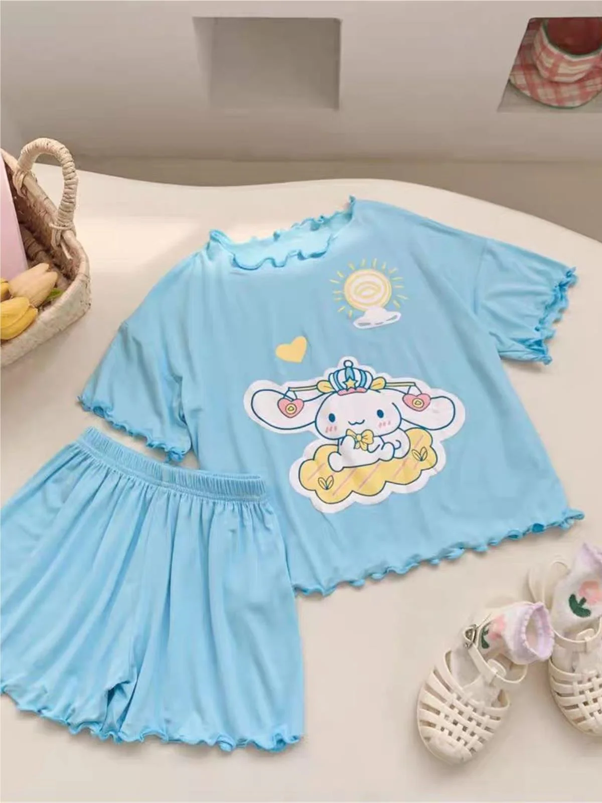 

Детская летняя Пижама Sanrio Cinnamoroll Kuromi 2024, Детская Пижама с коротким рукавом, детская одежда для сна из молочного шелка