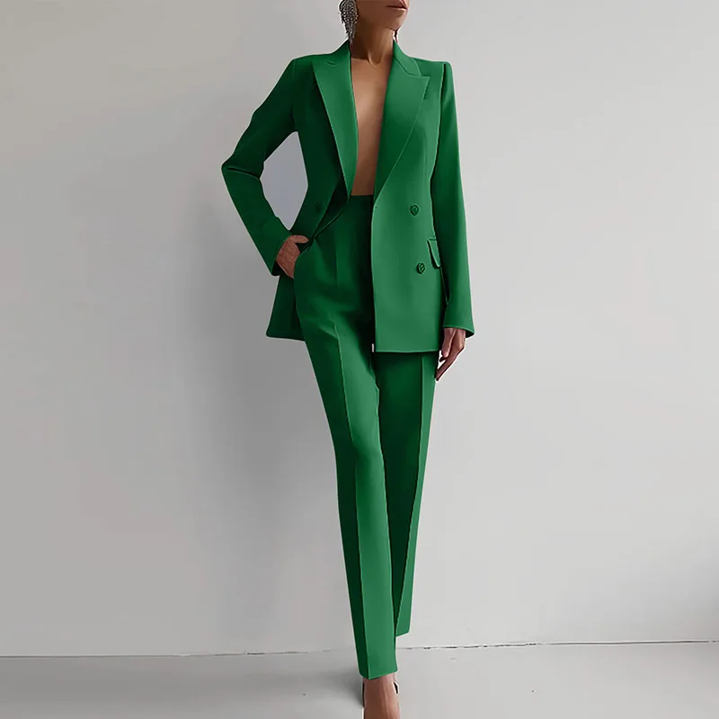 Elegant Commuter Career Outfits Fashion Lapel Collar Button Blazer & Pencil Pants Sets Women Casual Long Sleeve Solid 2Pc Suits