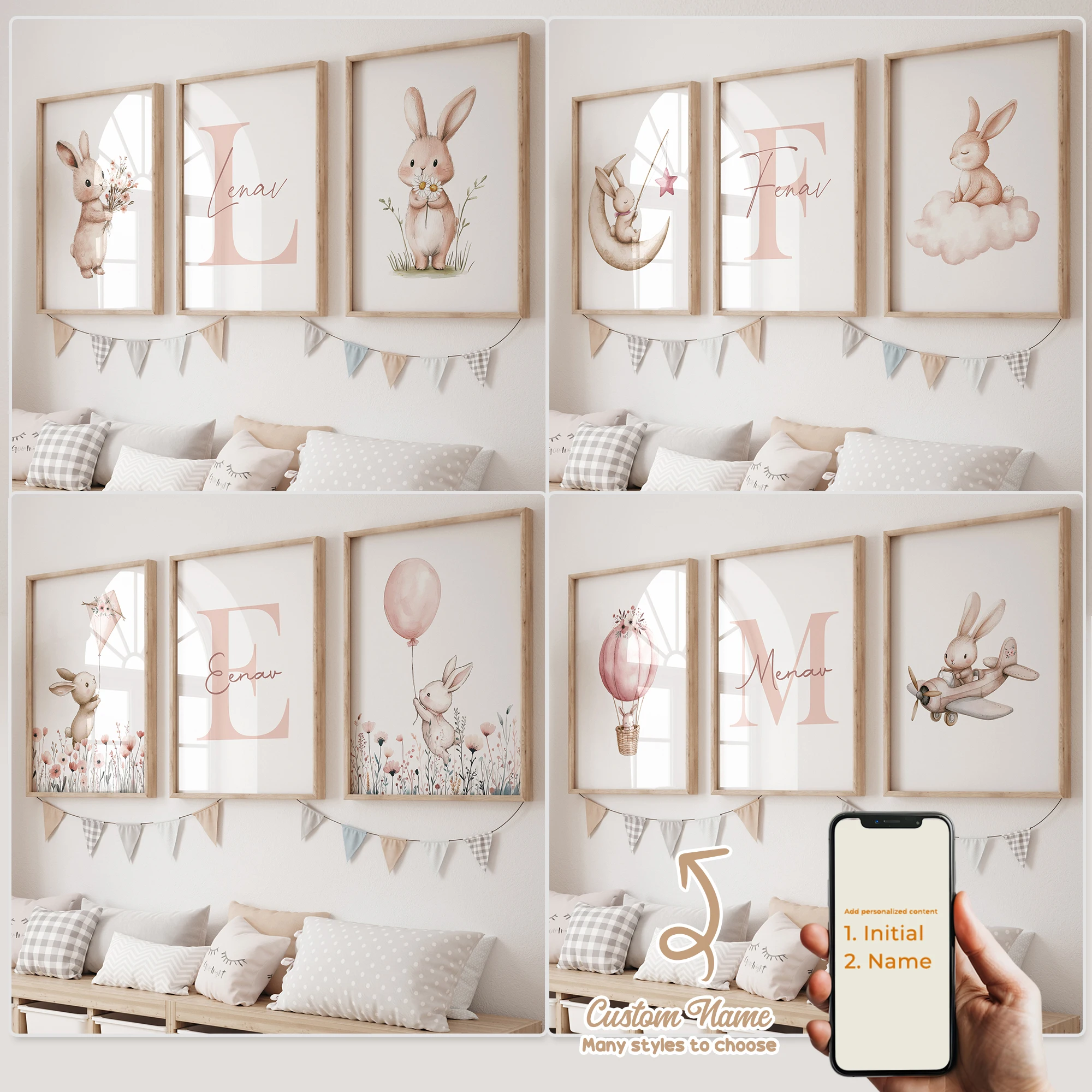 3pcs Personalized Custom Name Cartoon pink rabbit Wall Art Print Picture Canvas Poster Painting For Living Child Room Home Decor 1