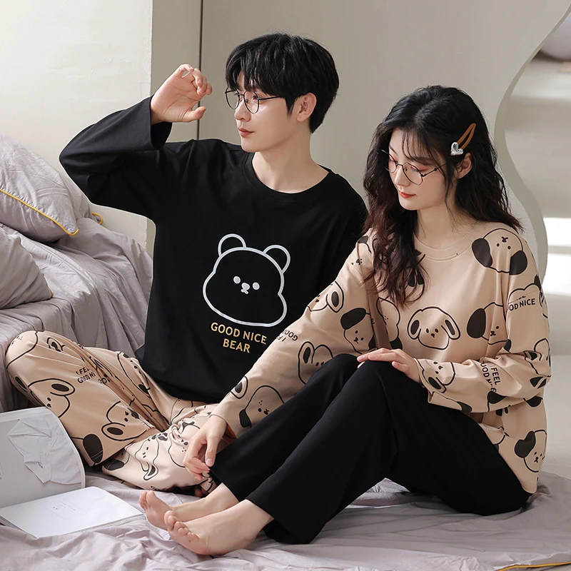 

Couple Pajama Sets Cute Cartoon Long Sleeve 100% Cotton Leisure Spring and Autumn Loungewear