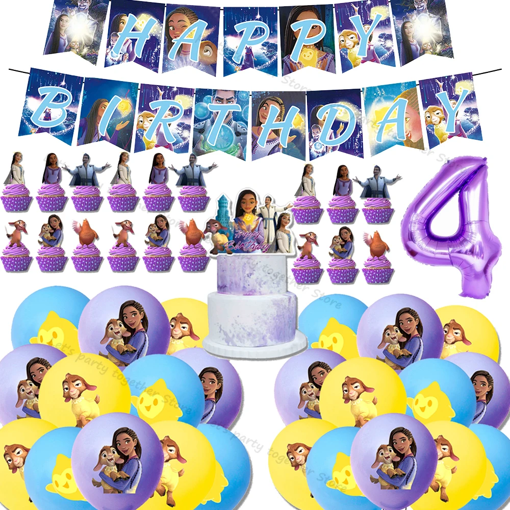 Disney Wish Asha Princess Girl Latex Ballon Set Forniture Per Feste Anime Figure Party Decoration Flag Banner Cake Topper Christmas