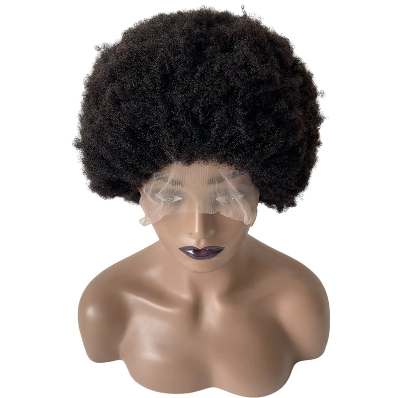 12 Inches Iindian Virgin Human Hair Hairpieces #1B Black 4mm Root Afro Wigs Full Lace Wig for Black Woman