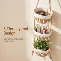3-Tier Hand woven Cotton Hanging Baskets Wall-Mounted Storage Basket for Bathroom Kitchen Storage Hanging Bag Bedroom Decorative 2