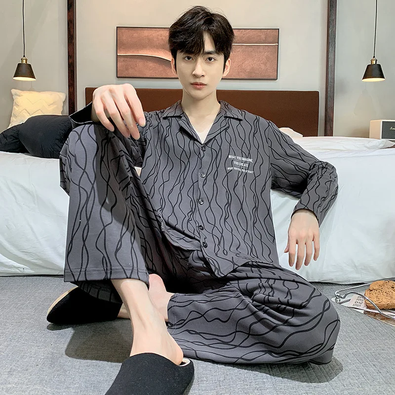Spring Autumn Men's Cotton Pajamas Lapel Long sleeve Cardigan Pants Oversized Loose Casual Home Clothing Set