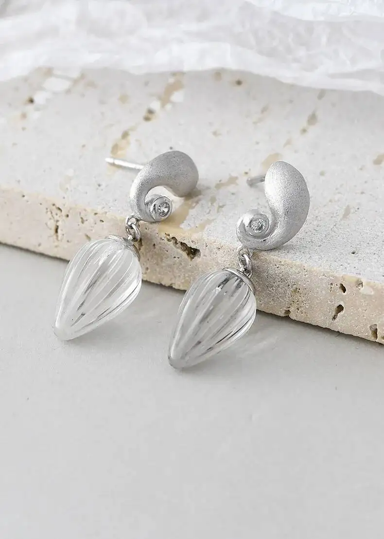 Silver Natural White Crystal Water Drop Dangle Earrings