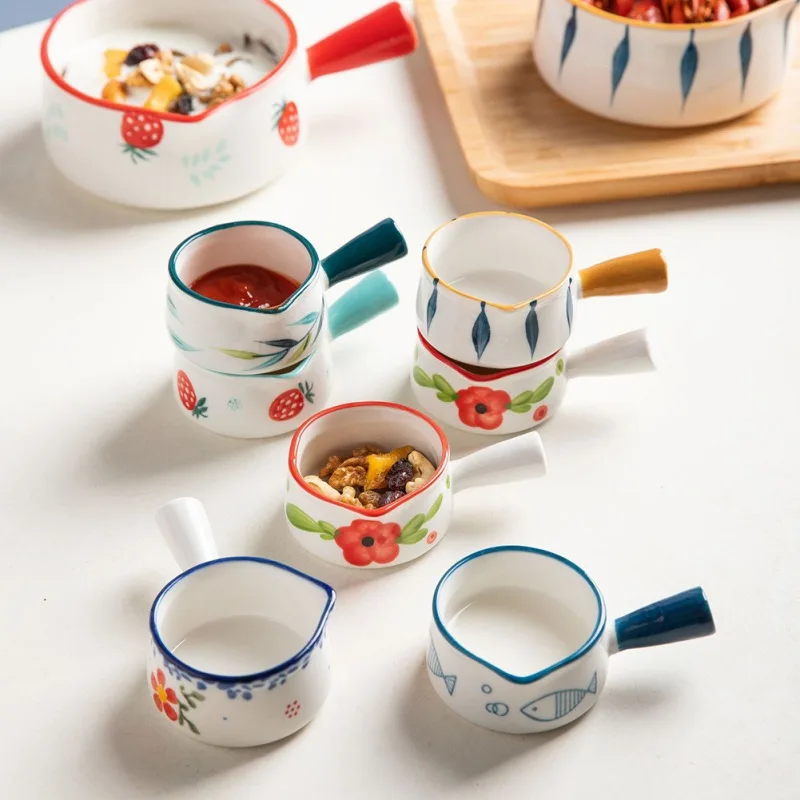 Cartoon Printed Ceramic Plate with Handle Ceramic Bowl Soup Pot Seasoning Plate Seasoning Tableware Kitchen Tableware