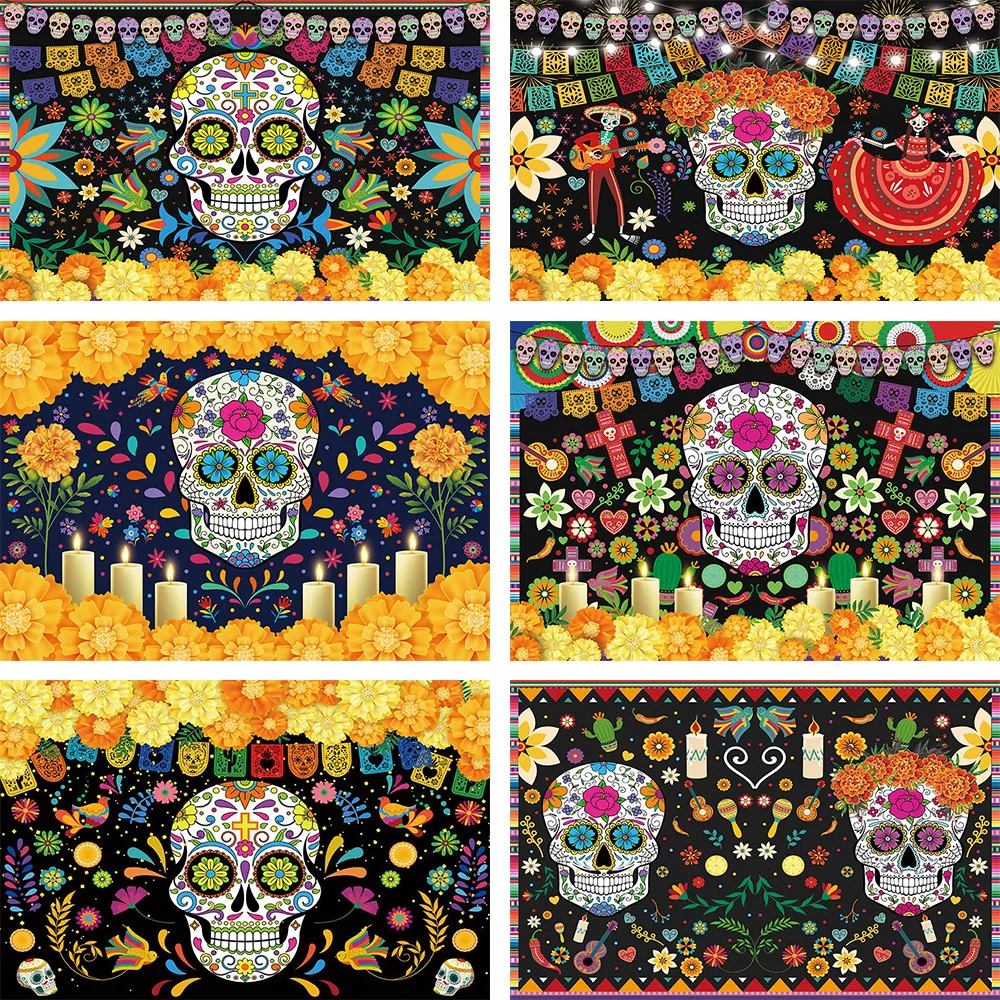 

Day of The Dead Backdrop Mexico Sugar Skull Photography Background Dia DE Los Muertos Dress-up Party Fiesta Banner Decorate Prop