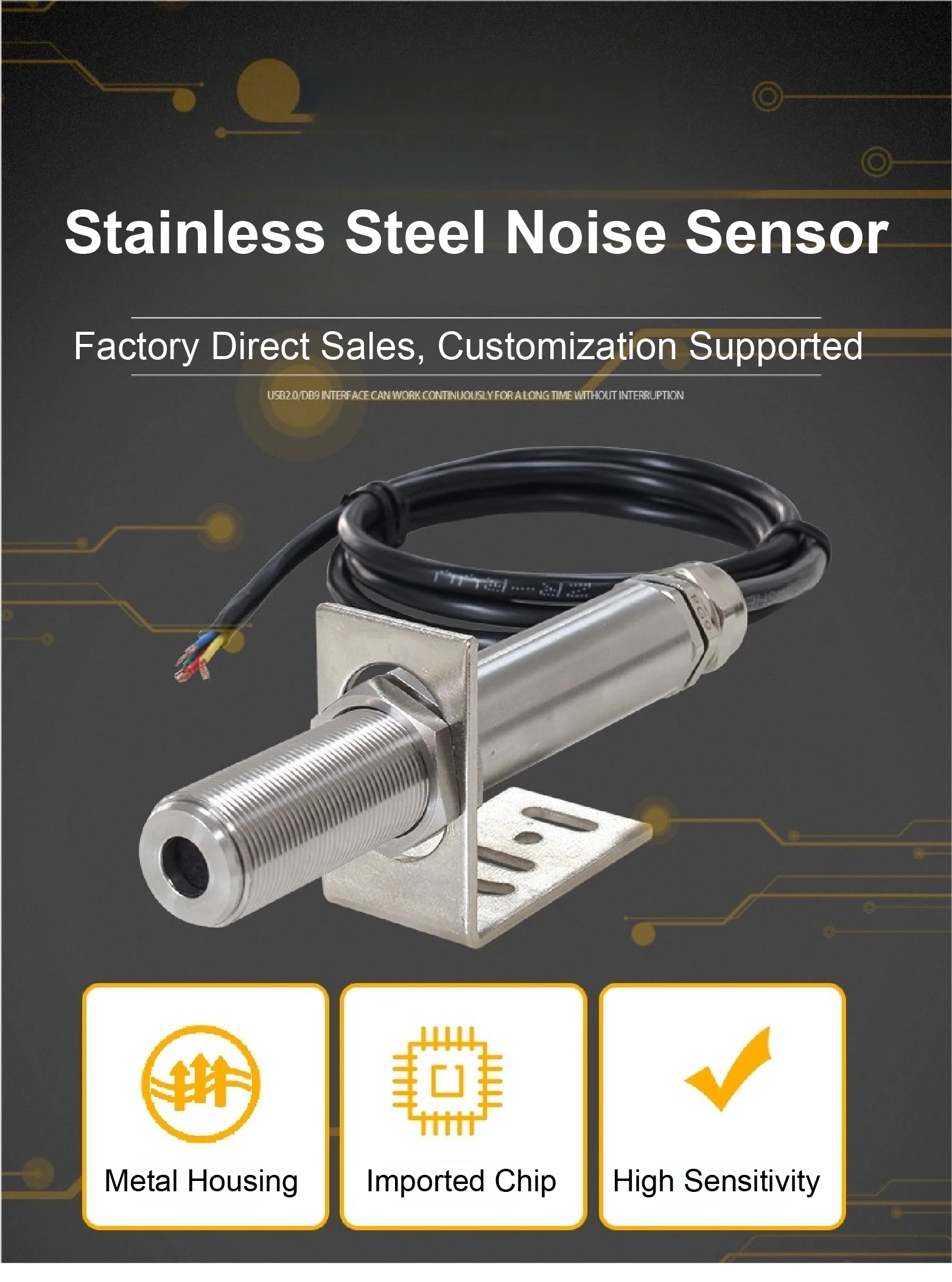 KM8765 Stainless Steel Noise Sensor Sound Level Meter Noise Monitor 30-130dBA DC