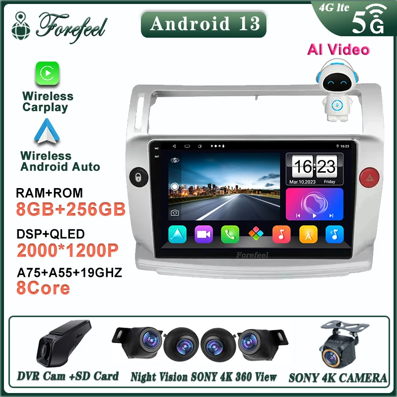 Android 13 Per Citroen C4 La Lc C-Triomphe C-Quatre 2004 - 2014 Multimedia Autoradio Navigazione Gps Carplay Monitor Schermo Tv