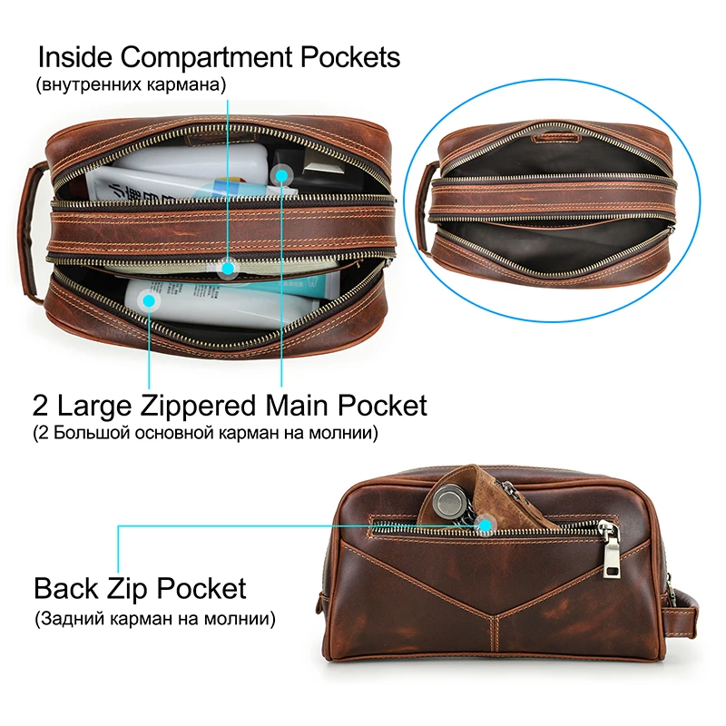 Makeup Bag Crazy Horse Genuine Leather Travel Makeup Bag Men's Vintage Leather Cosmetic Cases Luxury Washing Storage Toiletry Bags