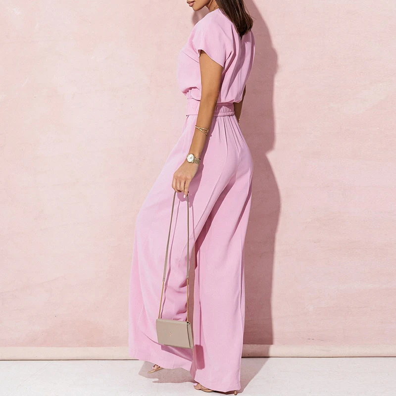 Fashion Short Sleeve Commute Wide Leg Pant Jumpsuit Casual Solid Color V Neck Loose Jumpsuit Women High Waist Temperament Romper