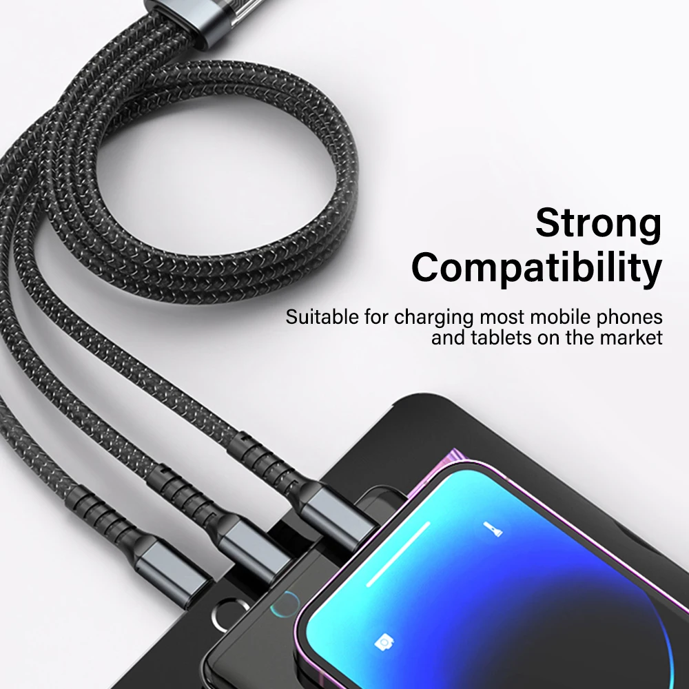 100W 고속 충전 케이블 멀티 충전 케이블 나일론 편조형 멀티 USB 범용 3 in 1 충전 코드 어댑터 (타입-C 마이크로 포함)