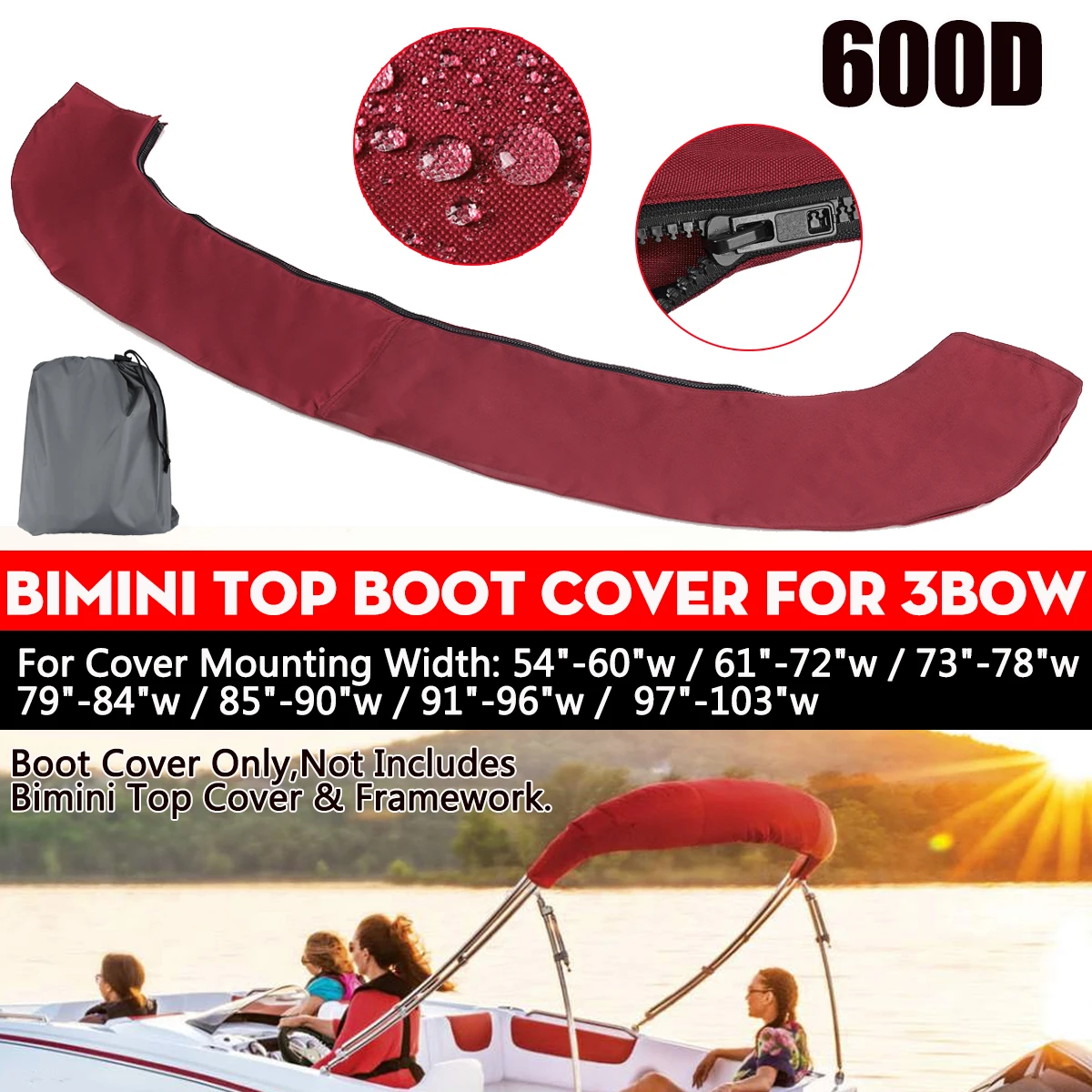 600D 3 Bow Bimini Top Boot Cover No Frame Waterproof Yacht Boat Cover with Zipper Anti UV Dustproof Cover Marine Accessories 46x40x45 inch boat cover yacht boat center console cover mat waterproof dustproof anti uv keep dry boat accessories