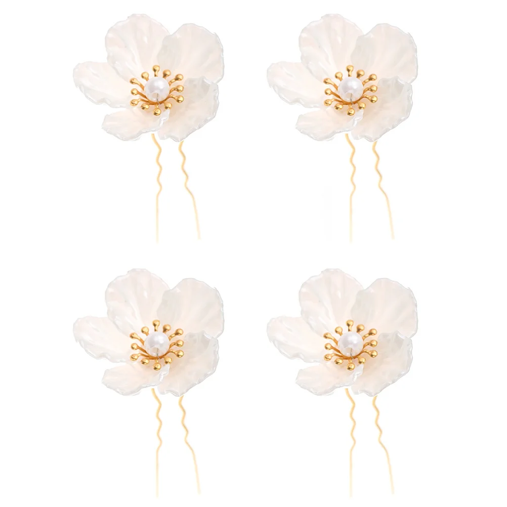 

4 Pcs Hairpin Girl Retro Clip Headgear Sticks Pearl White Camellia Female Headwear Style Miss Barrettes