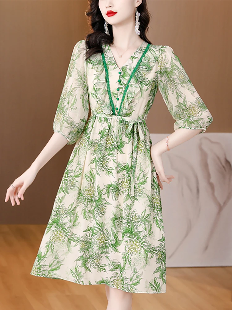 Green Floral Silk Elegant Chic Women Dresses Promotion Summer Fashion