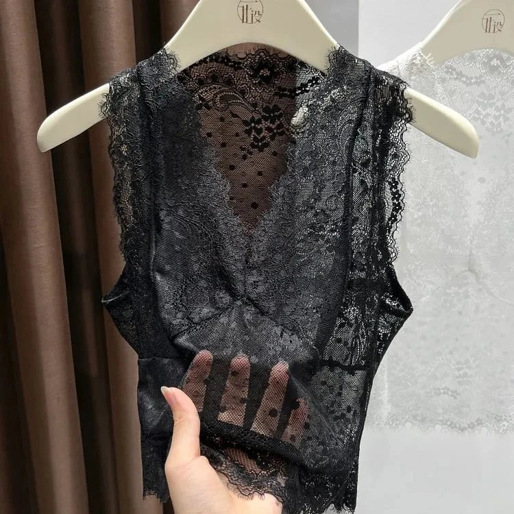 Women's White Lace Sleeveless Vest - Sheer Floral Mesh Layering Top for Elegant Outfits