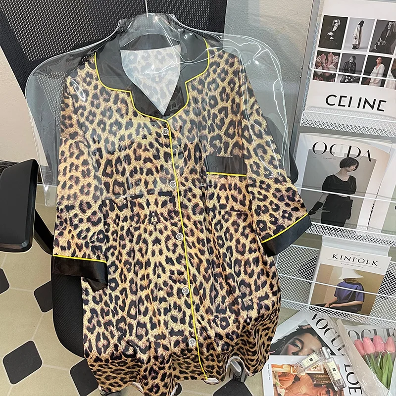 Women Sexy Leopard Print Nightgown Lapel Short Sleeve Satin Silk