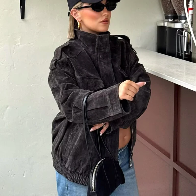 TFMLN Women Winter Thicken Bomber Jackets Vintage Suede Pockets Coats Casual Pocket Zipper New Warm Jacket