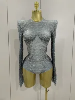 Sparkle Silver Rhinestones Long Sleeve Stretch Bodysuits 2025 New Women Evening Luxury Birthday Party Sexy Nightclub Stage Costu