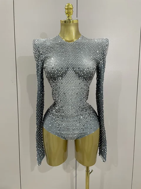 Sparkle Silver Rhinestones Long Sleeve Stretch Bodysuits 2025 New Women Evening Luxury Birthday Party Sexy Nightclub Stage Costu