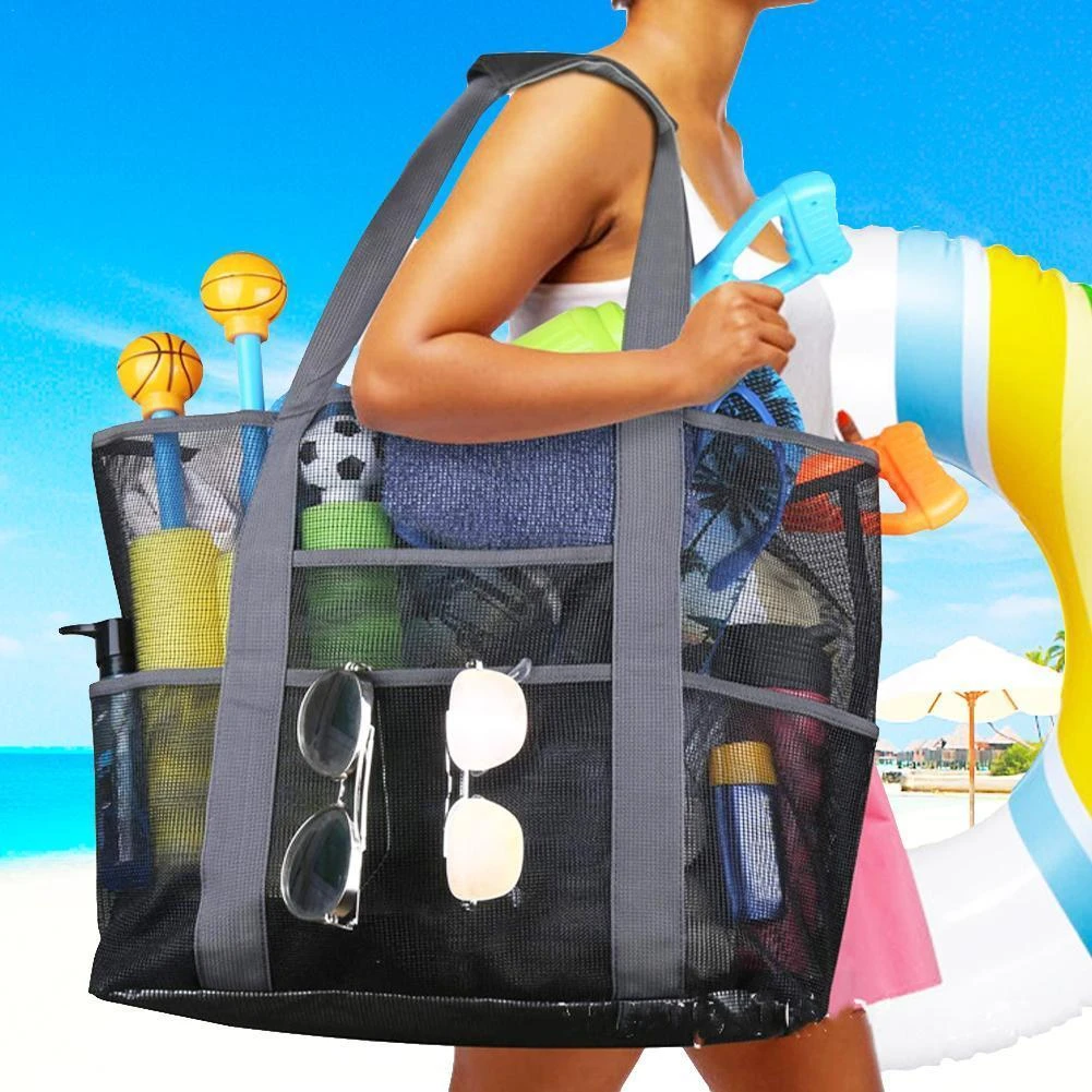 Bolsa de playa y ligera, bolsa de malla, portátil, con muchos bolsillos, para la playa familiar, 1 unidad| | - AliExpress