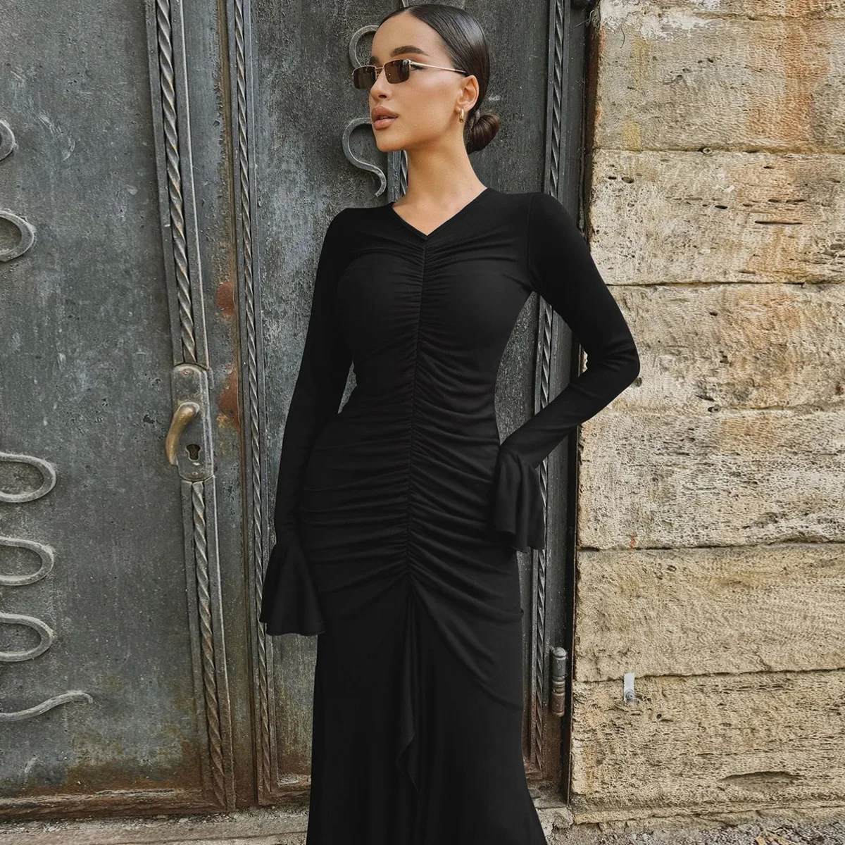 V-Neck Pleated Slim Long Dress Female Fashion Ruffled Patchwork Solid Elegant Party Dress New Women Maxi Dress Streetwear