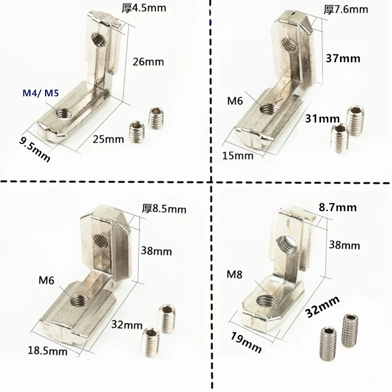 L-forma o Conector de Canto Interior T-entalhe Suporte Comum com Parafusos Sulco de Alumínio do Perfil 2023 3030 4040 4545 10 Peças Peças